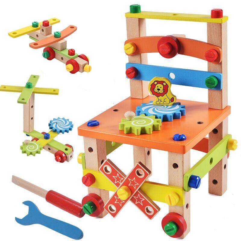 Wooden Assembling Chair Montessori Toys Baby Educational Wooden Toy Preschool Multifunctional Variety Nut Combination Chair Tool - MamaGas Enterprise 