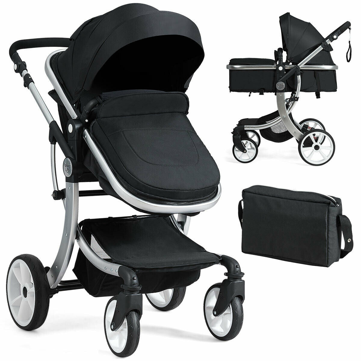 Folding Aluminum Infant Bassinet Reversible Baby Stroller W/ Diaper Bag Black  BB5347BK