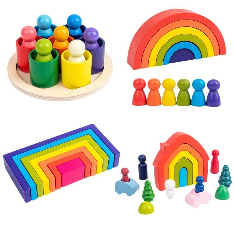 Wooden toys DIY assembled house rainbow building blocks set children Montessori early learning stacked balance educational toys - MamaGas Enterprise 